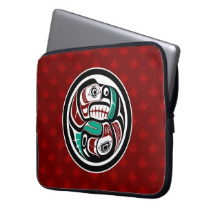 Housse Pour Ordinateur Portable Art amérindien rouge noir Haida Loutre Saumon