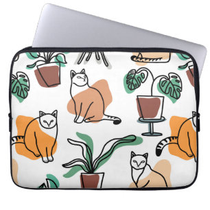 Housse Pour Ordinateur Portable Art de trait dessin chats et fleurs