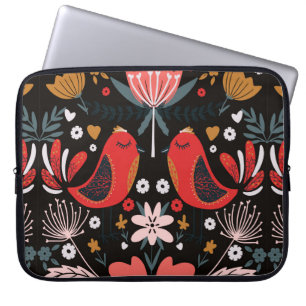 Housse Pour Ordinateur Portable art populaire scandinave coloré motif avec flore