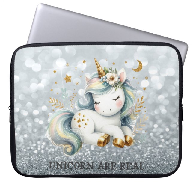 Housse Pour Ordinateur Portable Baby Unicorn Parties scintillant argent Bokeh (Devant)