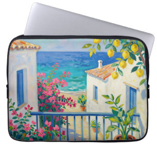Housse Pour Ordinateur Portable Balcon Méditerranéen Bougainvillée Vue sur la Mer