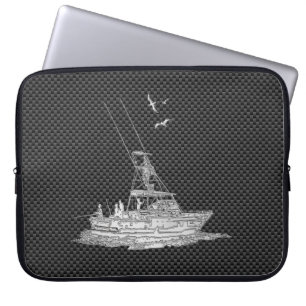 Housse Pour Ordinateur Portable Bateau de pêche Chrome sur Décor de fibre de carbo