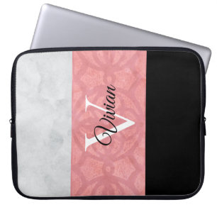 Housse Pour Ordinateur Portable Batik Rose Ruddy Et Aquarelle Gris Monogramme