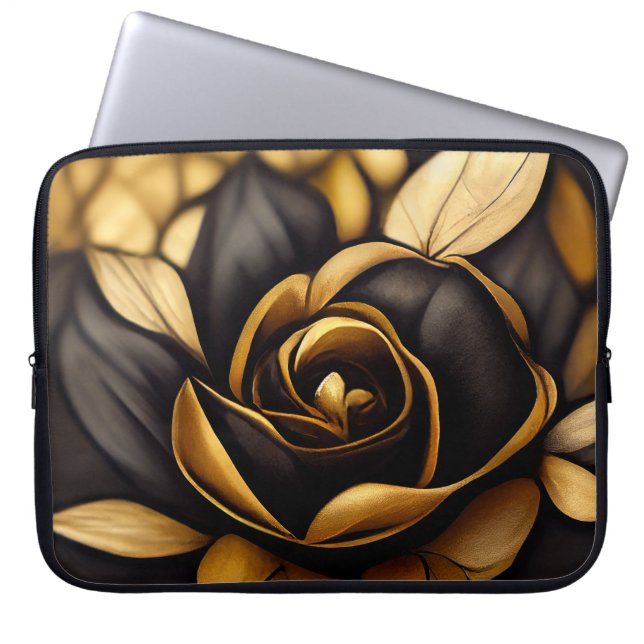 HOUSSE POUR ORDINATEUR PORTABLE BEAU ROSE NOIR & OR (Devant)