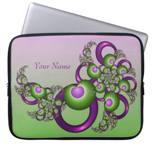 Housse Pour Ordinateur Portable Beaux cœurs verts roses abstraits Nom de fractale