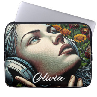 Housse Pour Ordinateur Portable Belle femme avec casque dans les tournesols