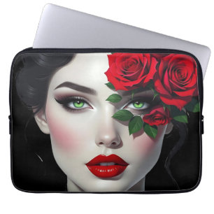 Housse Pour Ordinateur Portable Belle Femme avec Rose Rouge