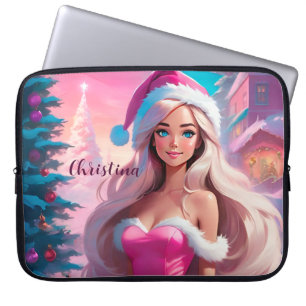 Housse Pour Ordinateur Portable Belle fille de Noël rose 01