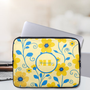 Housse Pour Ordinateur Portable Beurre de monogramme Floral jaune et bleu