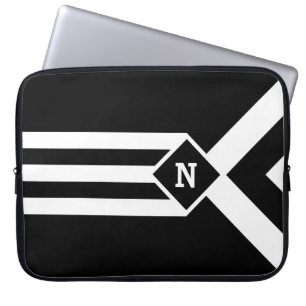 Housse Pour Ordinateur Portable Blancs et Chevrons sur Noir avec Monogramme
