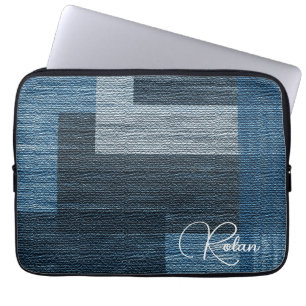 Housse Pour Ordinateur Portable Bleu Jean patch Work Faux Burlap
