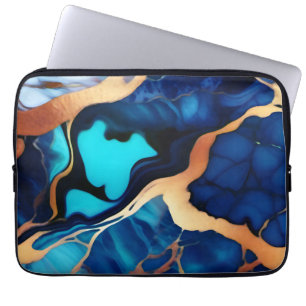 Housse Pour Ordinateur Portable Bleu tendance en or faux marbre