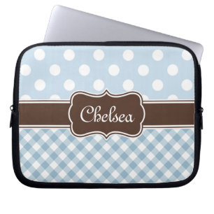Housse Pour Ordinateur Portable Blue Polka Dot Gingham Patterns Brown Name