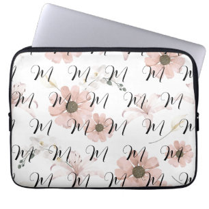 Housse Pour Ordinateur Portable Blush Fleurs Art Monogramme Aquarelle Rose