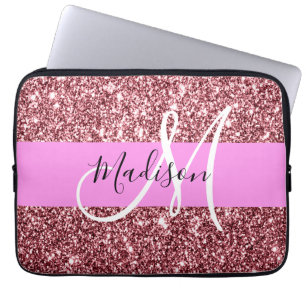 Housse Pour Ordinateur Portable Blush Rose Glitter Monogramme Rose Doré Pailleté