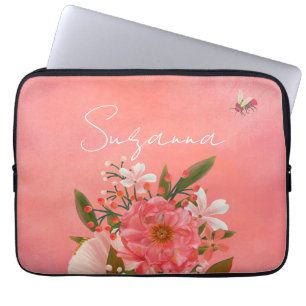 Housse Pour Ordinateur Portable Boho Aquarelle Corail rose Florales Nom du script