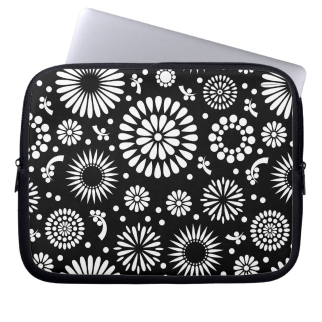 Housse Pour Ordinateur Portable Boho fleurs Motif floral vectoriel noir et blanc (Devant)