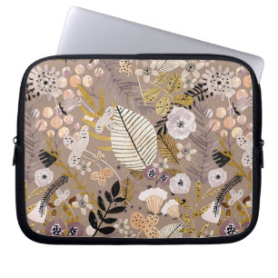 Housse Pour Ordinateur Portable Boho noir blanc ligne de pêche or tiré feuille flo