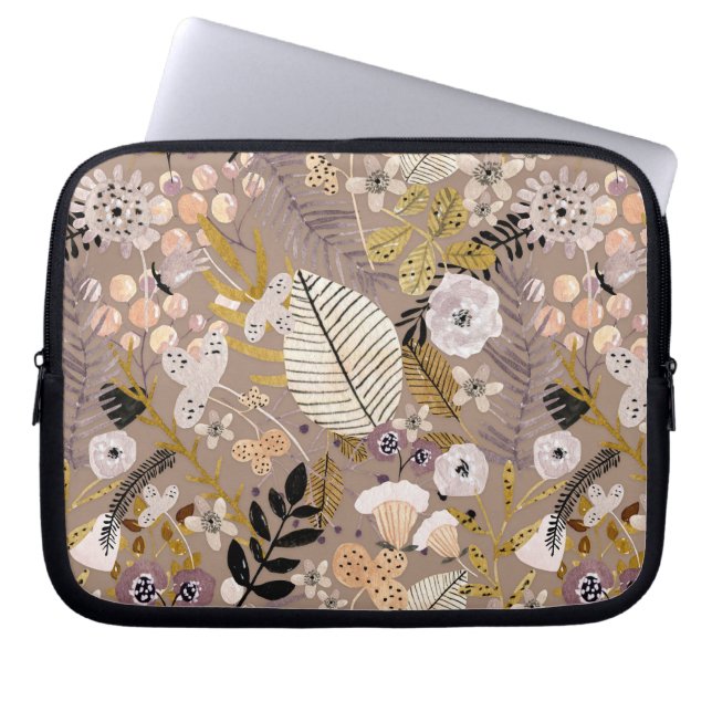 Housse Pour Ordinateur Portable Boho noir blanc ligne de pêche or tiré feuille flo (Devant)