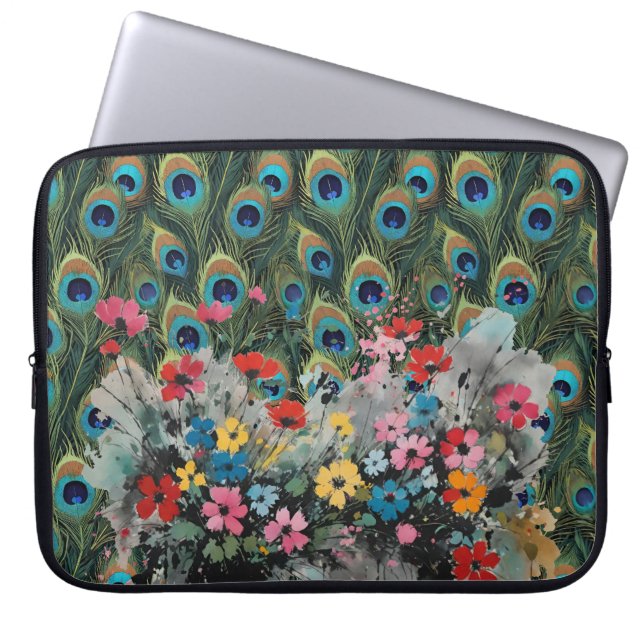 Housse Pour Ordinateur Portable Boho Peacock Feathers And Wildflowers (Devant)
