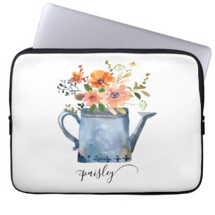 Housse Pour Ordinateur Portable Boho Rust Orange Aquarelle Fleurs Arrosage Can