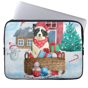 Housse Pour Ordinateur Portable Border Collie Chien Dans Maison de Noël enneigée