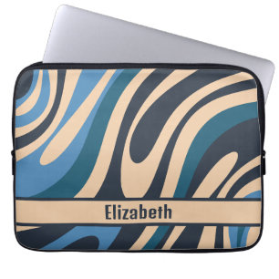Housse Pour Ordinateur Portable Boucles ondulées Retro Abstrait Motif bleu et beig