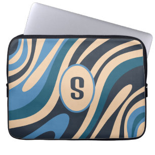 Housse Pour Ordinateur Portable Boucles ondulées Retro Abstrait Motif Initial Blue