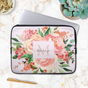 Housse Pour Ordinateur Portable Bouquet Floral Rose Pâle Monogramme Moderne