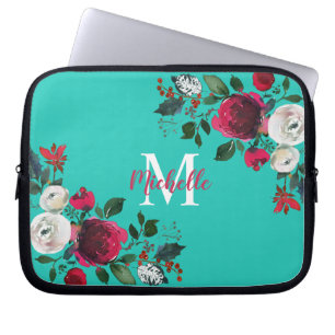 Housse Pour Ordinateur Portable Bourgogne Aquarelle Peony Rose Floral Monogramme
