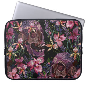 Housse Pour Ordinateur Portable Broderie crâne humain et fleurs d'orchidées roses 