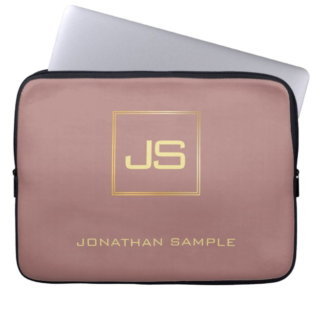 Housse Pour Ordinateur Portable Brun élégant moderne de modèle de monogramme d'or (Devant)