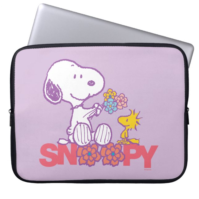 Housse Pour Ordinateur Portable cacahuètes | Snoopy & Woodstock Flowers (Devant)