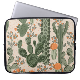 Housse Pour Ordinateur Portable Cactus succulents vintages verts et fleurs oranges