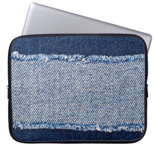 Housse Pour Ordinateur Portable Cadre de jean bleu denim fringé.