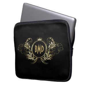 Housse Pour Ordinateur Portable Cadre floral girly noir et faux paillettes