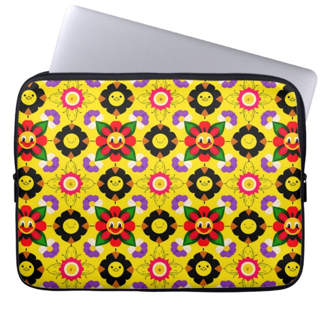 Housse Pour Ordinateur Portable Caricature Fleurs souriantes et abeilles (Devant)
