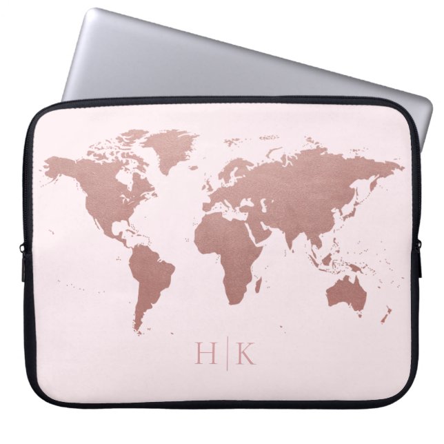 Housse Pour Ordinateur Portable Carte rose Gold Rose Monde Monde Élégant Monogramm (Devant)
