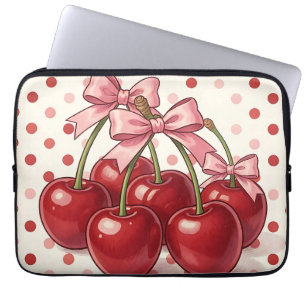 Housse Pour Ordinateur Portable Cerises Rouges Doux Rubans Roses Points Rétro