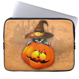 Housse Pour Ordinateur Portable Chat à sorcière mignonne et amis Citrouilles d'Hal