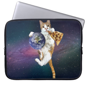 Housse Pour Ordinateur Portable Chat avec une planète et manger une pizza