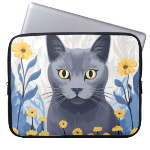 Housse Pour Ordinateur Portable Chat Bleu Russe Fleurs Jaunes