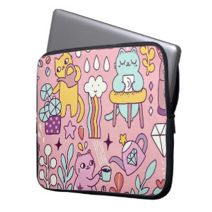Housse Pour Ordinateur Portable Chat De Dessin S'Amuse Sur Rose