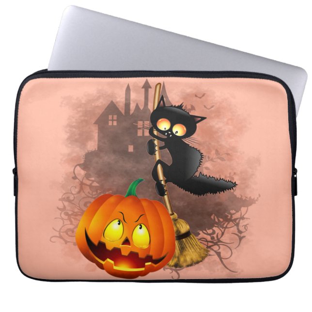 Housse Pour Ordinateur Portable Chat effrayé par Citrouille Fun Halloween caractèr (Devant)