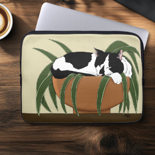 Housse Pour Ordinateur Portable Chat noir blanc Plante drôle