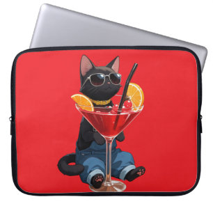 Housse Pour Ordinateur Portable Chat Noir Cool en Salopette avec Cocktail Rouge