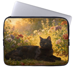 Housse Pour Ordinateur Portable Chat Noir dans les Fleurs I