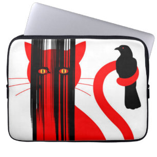 Housse Pour Ordinateur Portable Chat rouge et illustration d'oiseau noir