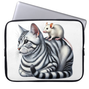 HOUSSE POUR ORDINATEUR PORTABLE CHAT TIGRÉ ARGENTÉ AVEC PETITE SOURIS BLANCHE