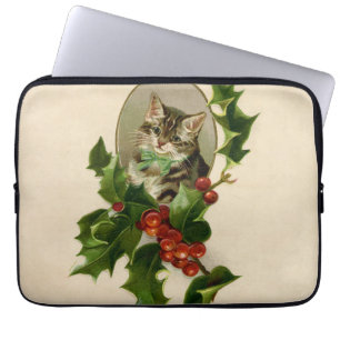 Housse Pour Ordinateur Portable Chaton de Noël victorien au houx antique tabby